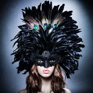 Black Venetian Carnival Masquerade Top Feather Women Sexy Eye Mask Mardi Gras - Picture 1 of 12