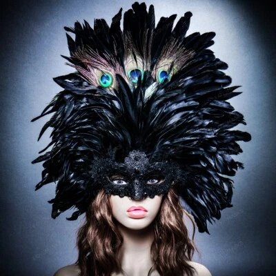 Black Venetian Carnival Masquerade Top Feather Women Sexy Eye Mask Mardi Gras - Image 1 of 4