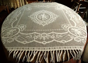 Nappe couleur crème dentelle en fin filet mécanique ancien décor anges musiciens - Zdjęcie 1 z 18