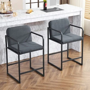 Set of 2 Upholstered Counter Height Bar Stool Modern Dining Chair w/ Armrests - Picture 1 of 23
