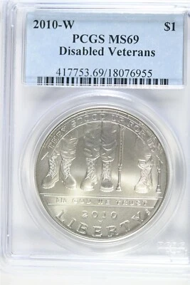 2010 W UNCIRCULATED $1.00 Silver Commemorative - Disabled Vets - PCGS MS 69 - Image 1 of 2