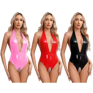 Ladies Catsuit Cut Out Jumpsuit Wet Look Romper Patent Leather Bodysuit Sexy - Picture 1 of 42