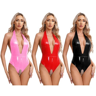 Damen Sexy Wetlook Body Neckholder Stringbody Kunstleder Dessous Nachtwäsche - Bild 1 von 3