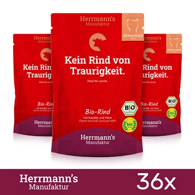 36 x Herrmanns Katzenfutter Bio Rind mit Karotte und Hirse Tiernahrung 100Gr - Bild 1 von 2