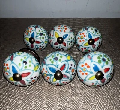 6 Hand Painted Ceramic Knobs 1.5” Cabinet Drawer Pulls Rainbow Floral Anthologie - Image 1 of 4