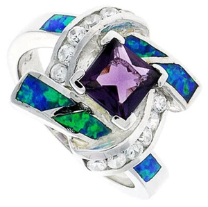 Fine Silver Rhodium Plated Opal Inlay Knot Ring Princess Cut Violet Purple 16mm - Picture 1 of 1