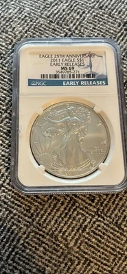 2011 SILVER EAGLE NGC MS69 EARLY RELEASES 25TH ANNIVERSARY LABEL - Image 1 of 2