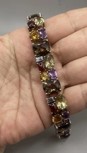 Sterling Silver Rainbow Multi Color Natural Gemstone Tennis Bracelet - Picture 1 of 9