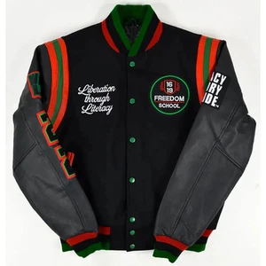 Letterman 1619 Freedom School Motto 2.0 All Black Wool/Leather Varsity Jacket - Picture 1 of 6
