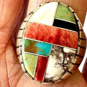 Navajo Türkis Herren Ring Gr. 9 Multi Stein Inlay signiert Jack Oval Sterl 20 mm - Bild 1 von 9