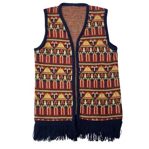 Vtg 70's Bright Red Yellow TRIBAL Mayan Pyramid Knit Vest HIPPIE Fringe Sweater - Picture 1 of 5