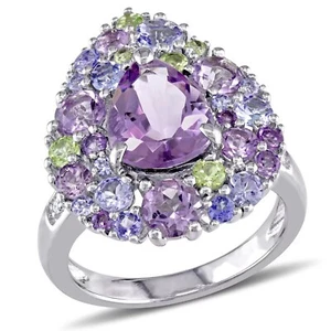 Lab-Created 8.50CT Pear Cut Amethyst & 14.20CT Multicolor Gemstone Cluster Ring - Picture 1 of 8