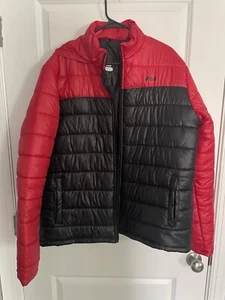 Fila Puffer Bubble Jacket Red Black Zip Coat With Hidden Hood Men’s Size XL - Picture 1 of 10
