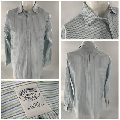 Brooks Brothers Slim Fit Shirt 16.5 34 White Blue Green Stripes YGI C2-591 - Image 1 of 4