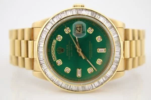 Rolex Day-Date 36mm Custom Green Diamond Dial Baguette Bezel Watch 18038 - Picture 1 of 12