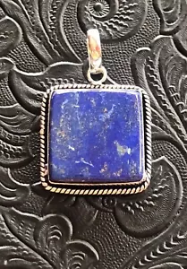 Blue Lapis Square Cushion Artisan Silver Pendant Rope Bezel Design 1.5" - Picture 1 of 5