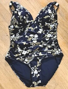 Nip Tuck One Piece 10 Swimsuit Navy Blue Gold Floral Bathing Suit Slimming Swim - Picture 1 of 7