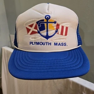 Plymouth Massachusetts Nautical Trucker Mesh Snapback Hat Blue-white 1980 - Picture 1 of 6