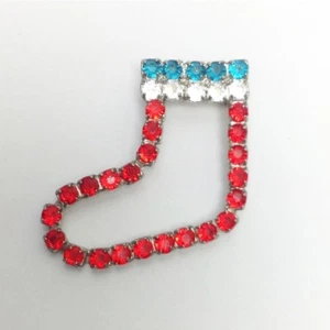 Christmas Stocking Brooch Holiday Red Gold Blue Pin Rhinestone Jeweled Vtg - Picture 1 of 1