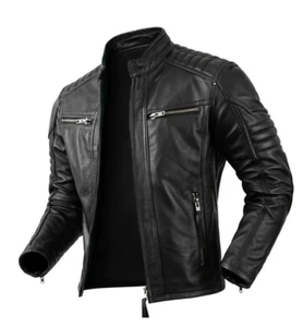 Men's Real Leather Antique Bikers Jacket Quilted Panels Cafe Racer Jacket/ Biker - Picture 1 of 6