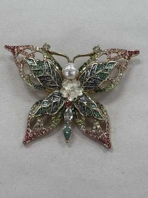 Napier Butterfly Brooch Pin Floral Crystal Enamel Rhinestone Gold Tone NEW Box - Image 1 of 4