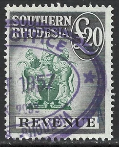 Southern Rhodesia 1954 Arms Revenue £20 Barefoot #42 Fine Used - Picture 1 of 1