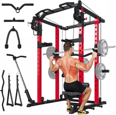 Jaula Power Squat Rack, máquina de cable de peso 2000 lb con LAT desplegable para gimnasio en casa Foto 1 de 4