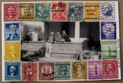 6" x 4" Postcard Sized VINTAGE PHOTO & POSTAGE STAMPS  #15 Folk Art JEFF ZENICK - Image 1 of 4
