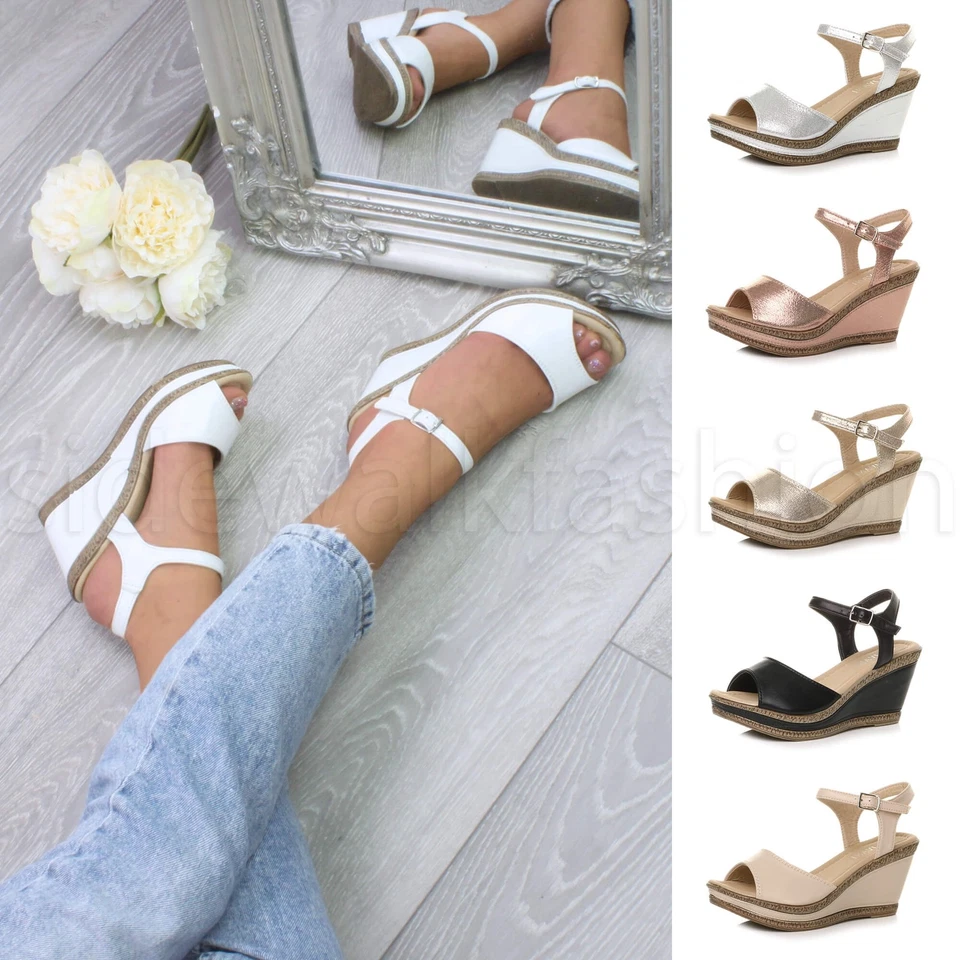 Womens ladies high heel buckle espadrille cork platform wedges sandals size - Image 1 of 1