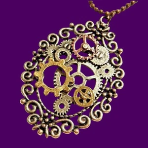 STEAMPUNK COGS & GEARS CAMEO NECKLACE clockwork filigree victorian pendant Z6 - Picture 1 of 4