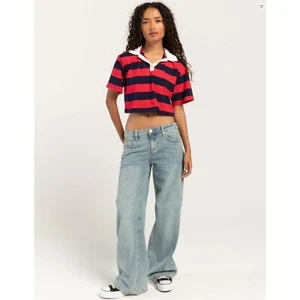 Womens Red and Navy Blue Stripe Crop Polo Short Sleeve Rugby Shirt Size Large - Picture 1 of 5