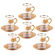 6pc Irem Tea Set Glass Gold Turkish Teacups Saucers Zamzam Cups Glasses Armudu