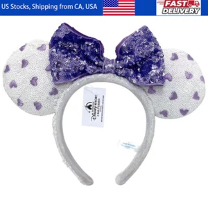 White Disney's Purple Heart Sequin Cute Minnie Mouse Ears Headband Hair Hoop - Picture 1 of 7