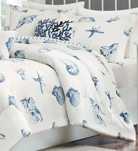 BEACH HOUSE 4pc Queen COMFORTER SET : WHITE BLUE SEASHELL SHELLS OCEAN TROPICAL - Picture 1 of 7