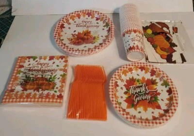 New NIB 121 Pcs Thanksgiving party, Napkins, Cups, Forks, , Serves 24 - Image 1 of 3