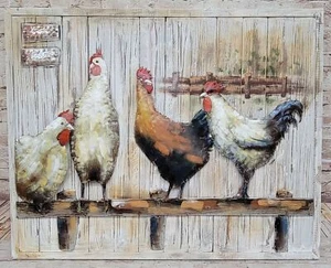Chicken Coop Roosters Farm Animals 3D Mixed Media Wall Art Painting Metal Wood - Picture 1 of 10