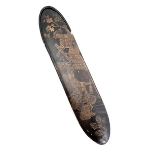 Antique Japanese Wooden Case Black with Gold Woman Motif for Compartments - Asian - Picture 1 of 9