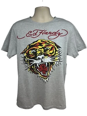 Ed Hardy серый двойной графический мужской футболка средний Tiger животных печати эластичной новый - Изображение 1 из 4