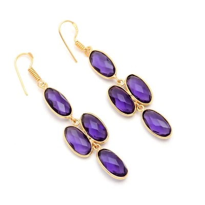 Purple Amethyst Gemstone Handmade Dangle 925 Sterling Silver Earring For Gift - Image 1 of 4