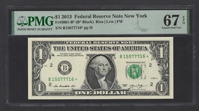 United States-Federal Reserve 1 Dollar 2013 Fr#3001-B* (B* Block) UNC Grade 67 - Image 1 of 2