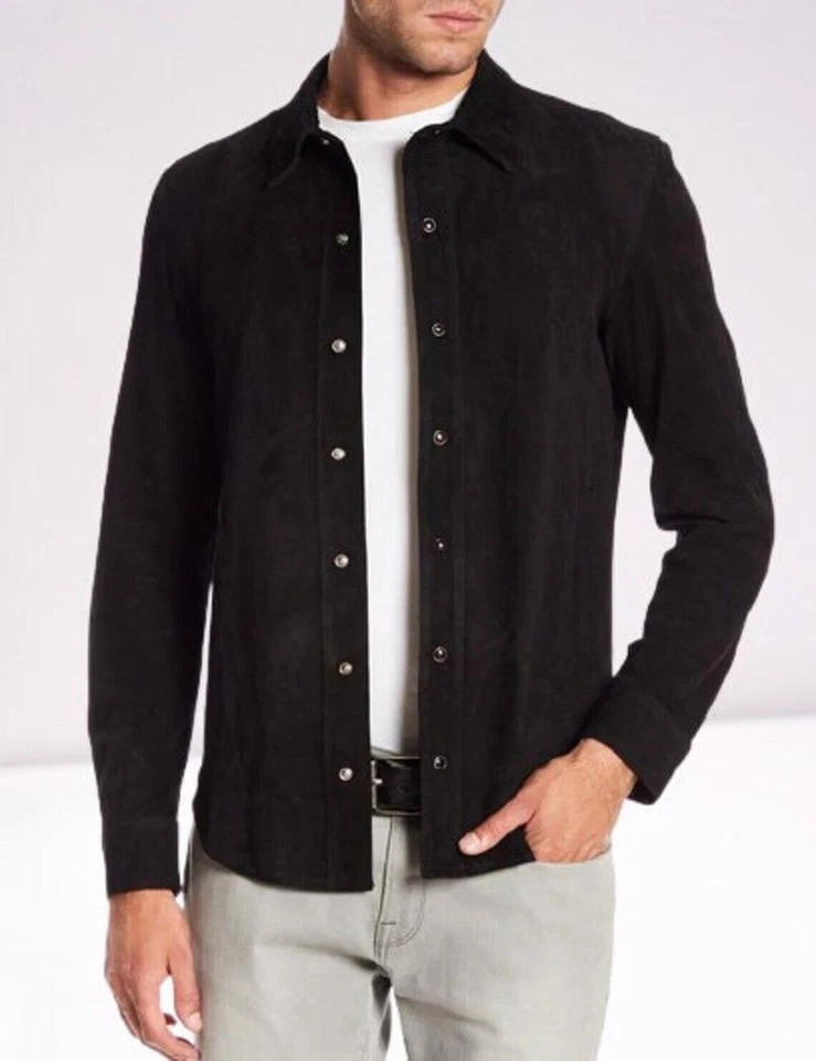 New Men's Black Suede Leather Shirt 100% Pure Lambskin Causal Slim Fit Shirt - Image 1 of 4
