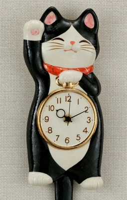 Japan Lucky Cat Manekineko Pendulum Wall Clock Hachi Black&White Seto ware Gift - Image 1 of 4