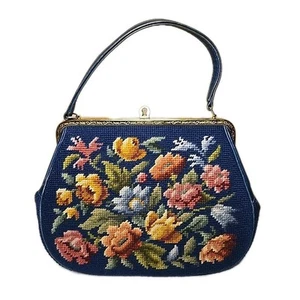 Vintage Handbag Navy Floral Needlepoint Tapestry & Leather Purse Cottagecore - Picture 1 of 16
