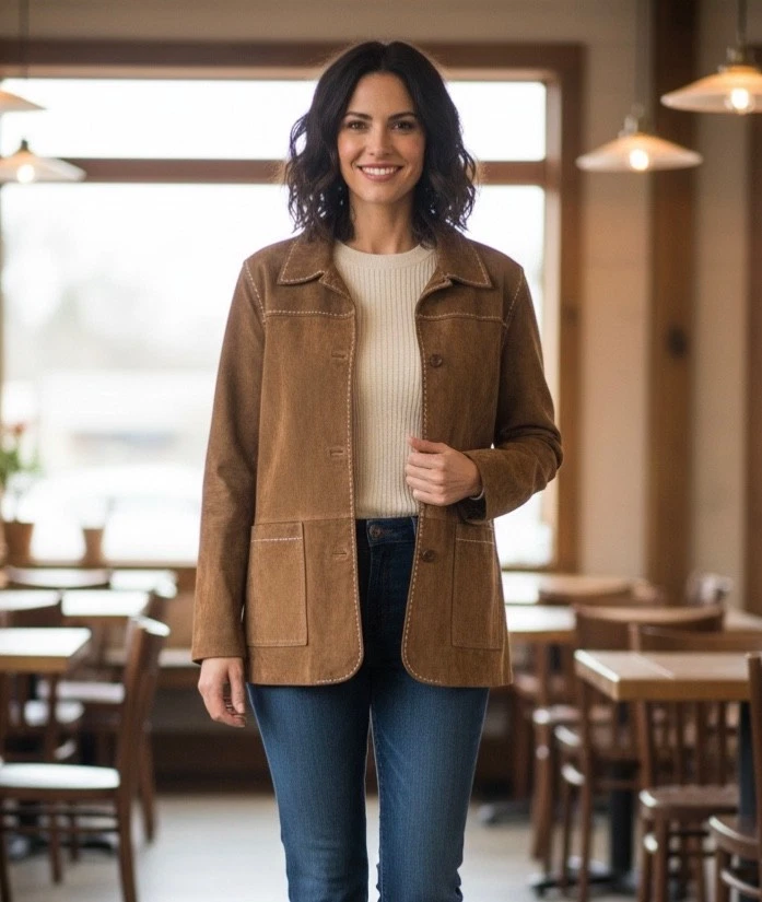 Chaqueta de cuero de gamuza Brandon Thomas para mujer grande con cuello abotonado forrada en marrón Foto 1 de 4