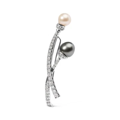 18K White Gold 3/5 Cttw Diamond Black and White Pearl Brooch Pin - Image 1 of 4