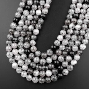 Natural Black Rutile Quartz Gemstone 8 MM Round Smooth Beads Strand 15.5" - Picture 1 of 6