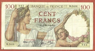 France 100 Francs Banknote 1939 Europe Paper Money Banknote - Image 1 of 2