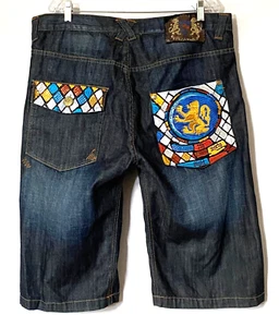Pantalones Cortos Jean 7th 38 Para Hombre Talla 40 Azul Medio Lavado Bordado Gemas Defectos Leer - Imagen 1 de 24