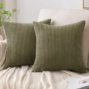 EMEMA Throw Pillow Covers 2 Pack Corduroy Decorative Striped 16"x16" Olive Green - Picture 1 of 2