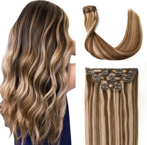 Clip In Hair Extensions Human Hair 100g 16 Inch Balayage Chocolate Brown to Cara - Picture 1 of 7